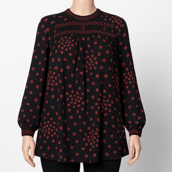 Free People Womens Blouse Black Red Floral Smocked Long Sleeve Boho Peasant - Picture 2 of 10